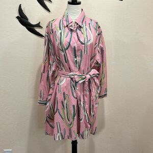 Sorry, Too Much Love Saguaro Cactus Print Cotton Shirt Dress With Belt - Pink XL